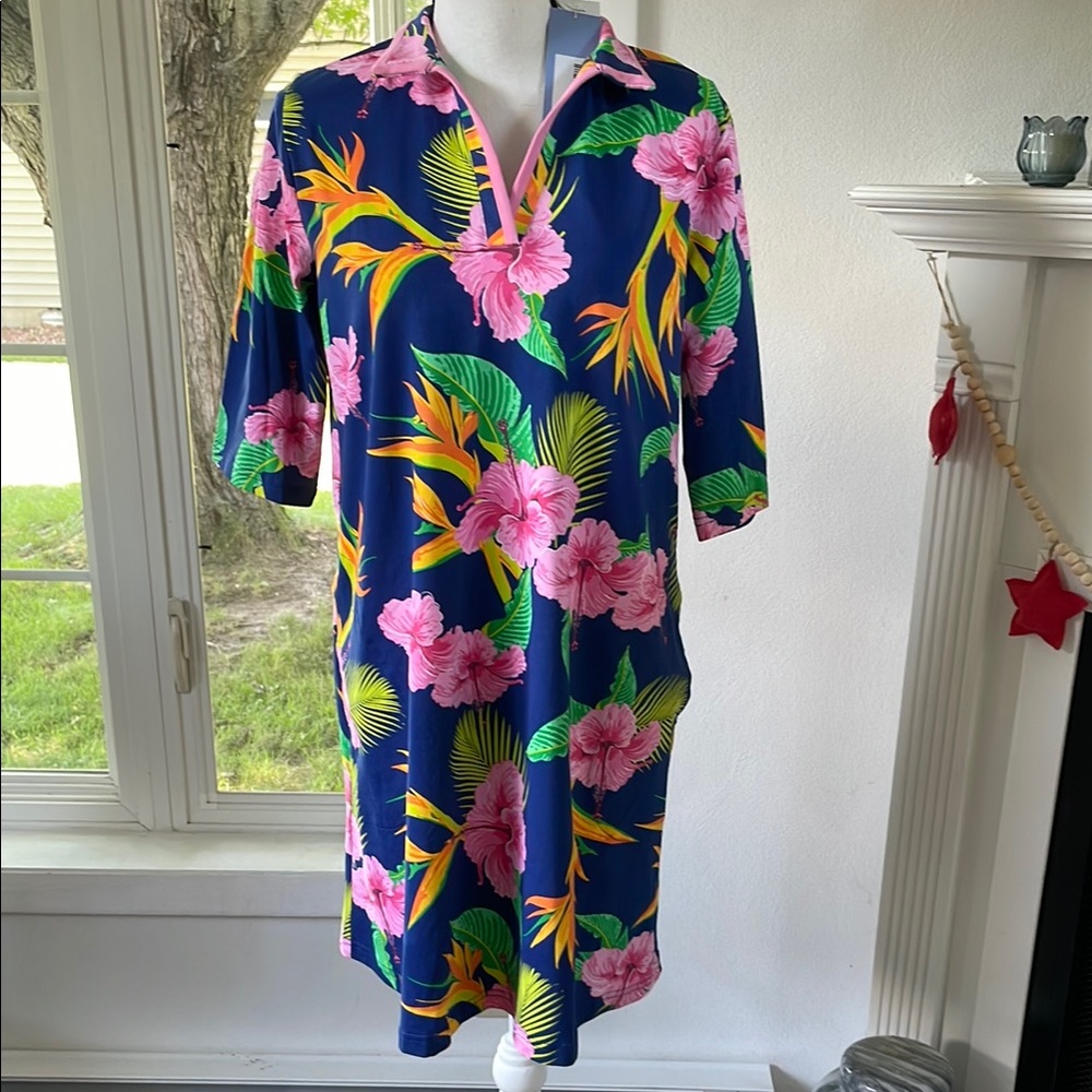 Navy Tropical Floral Polo Dress with Pink Hibiscus